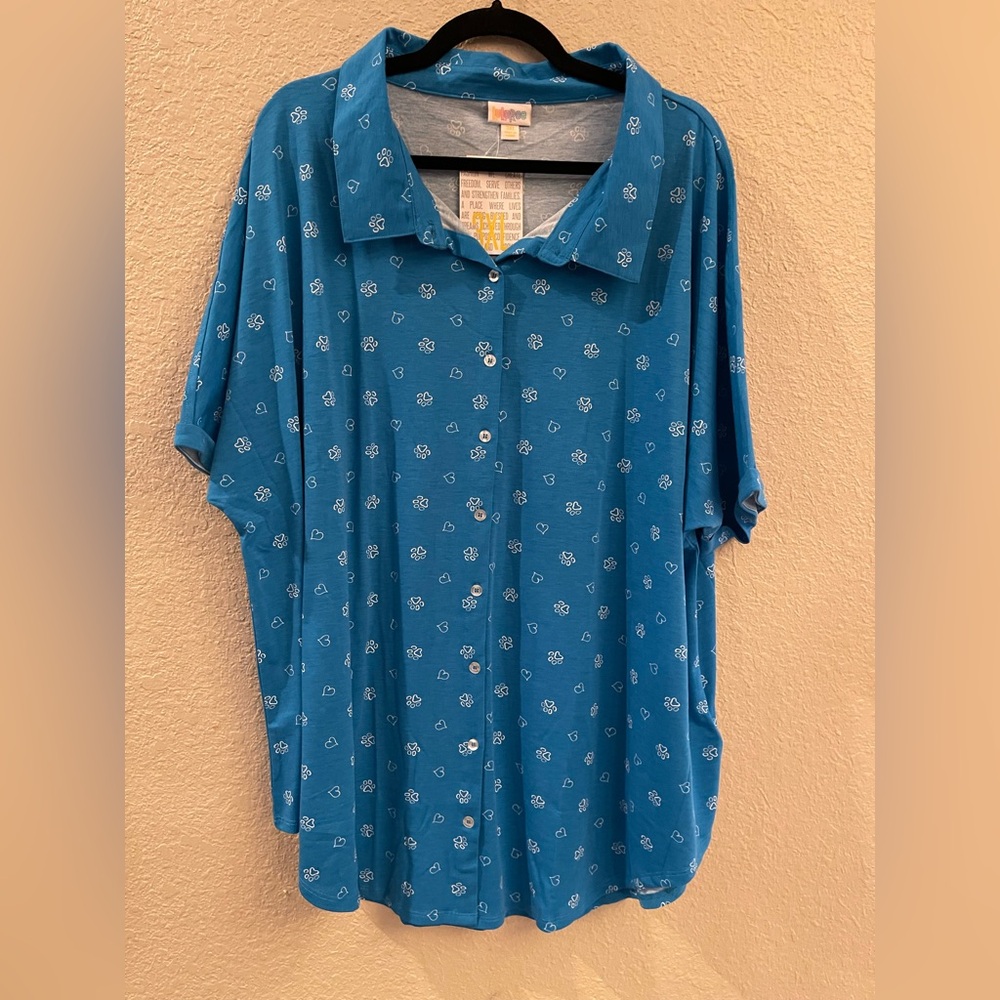 LuLaRoe Charlie Teal Button Down Shirt with White Paw Print Pattern